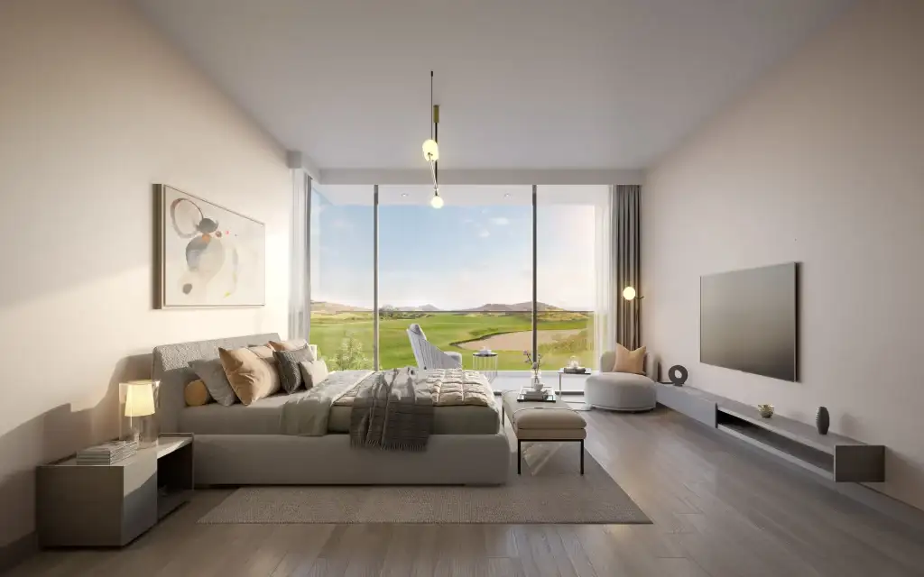 Modern bedroom with scenic view.