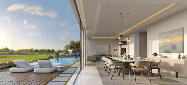 Modern interior with poolside view.