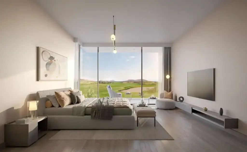 Modern bedroom with scenic view.