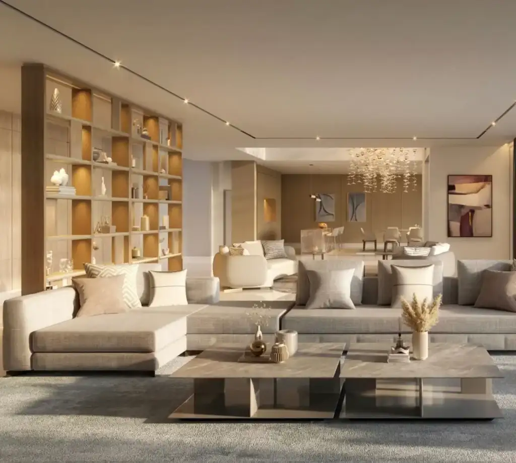 Modern, elegant living room interior design.