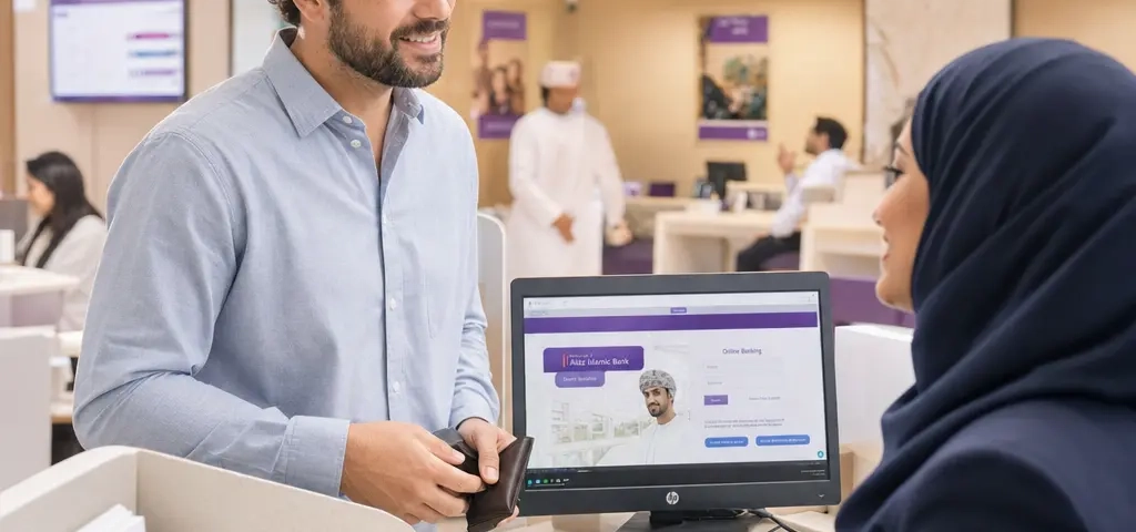 Expat Opening A Bank Account In A Modern Bank Branch In Muscat, Oman