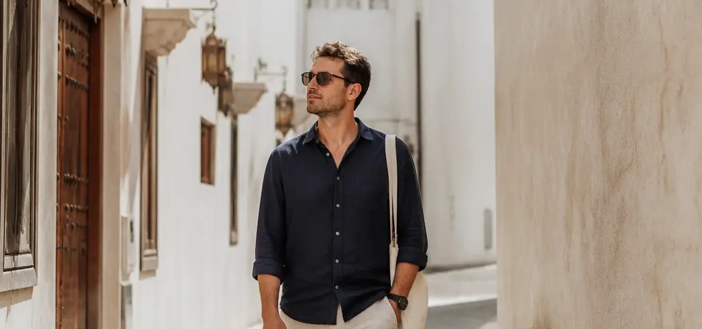 Expat Walking Beside A Modern Muscat Street In Warm Daylight