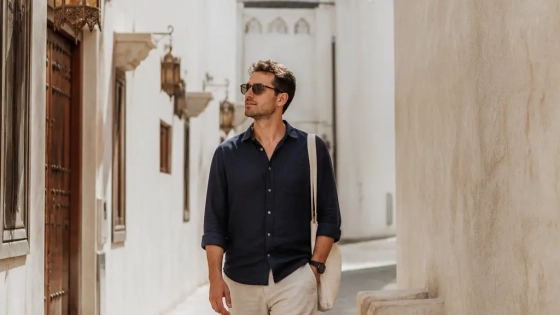 Expat Walking Beside A Modern Muscat Street In Warm Daylight