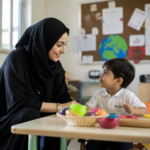 Expat Parent And Young Child Arriving At A Preschool In Muscat