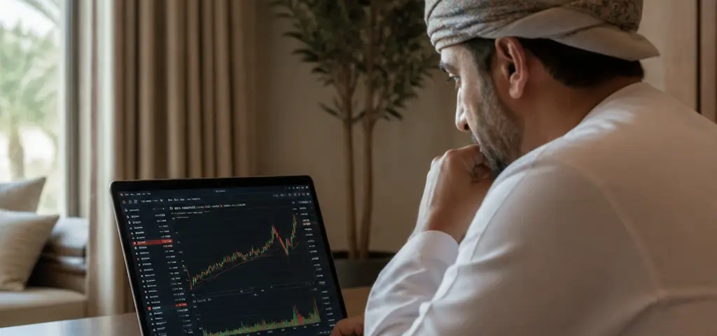 Oman Property Investor Reviewing Macroeconomic Data Beside A Muscat Coastal Residence