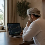 Oman Property Investor Reviewing Macroeconomic Data Beside A Muscat Coastal Residence