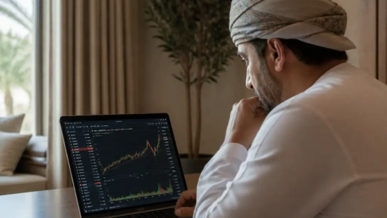 Oman Property Investor Reviewing Macroeconomic Data Beside A Muscat Coastal Residence
