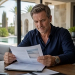 Investor Reviewing Oman Property Figures Beside A Contemporary Muscat Villa