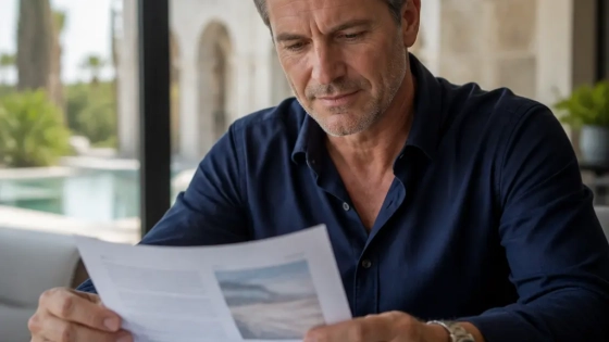 Investor Reviewing Oman Property Figures Beside A Contemporary Muscat Villa
