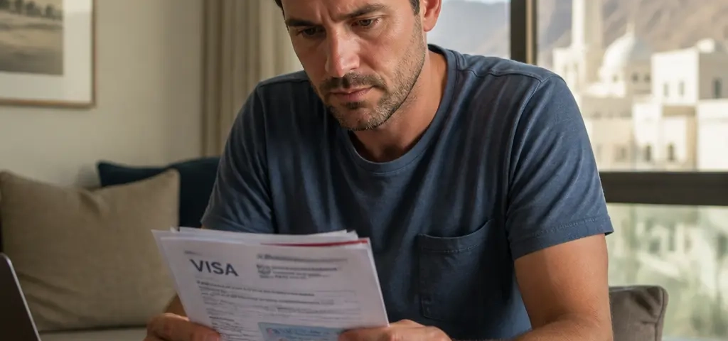 Expat Reviewing Oman Work Visa Documents In A Modern Muscat Office