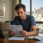 Expat Reviewing Oman Work Visa Documents In A Modern Muscat Office