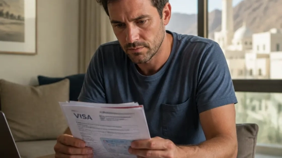 Expat Reviewing Oman Work Visa Documents In A Modern Muscat Office