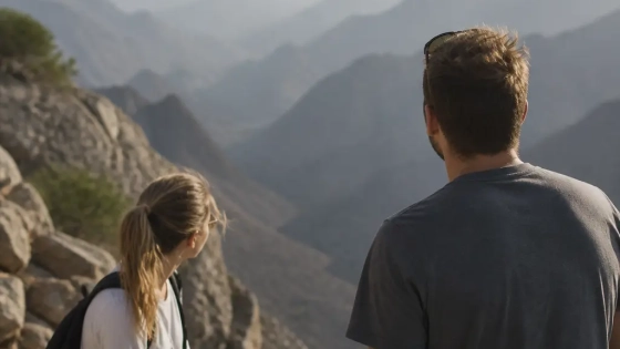 Expat Couple On A Mountain Viewpoint During A Weekend Trip From Muscat