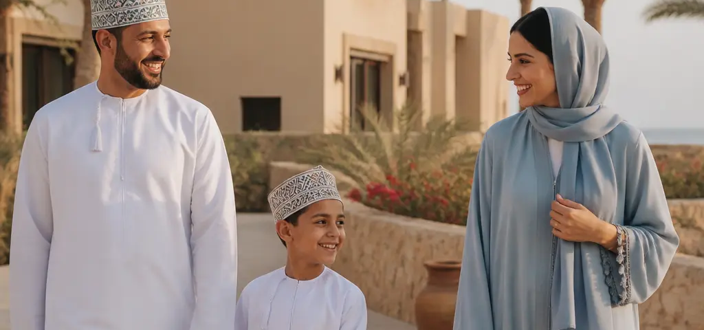 Family Walking Beside Low-Rise Villas In Yiti, Muscat
