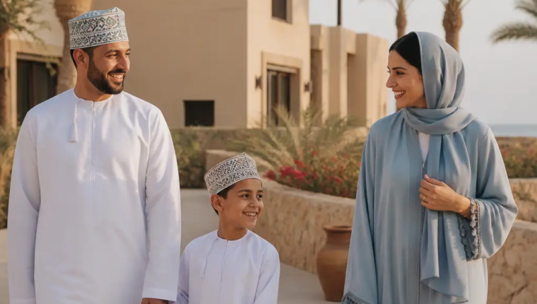 Family Walking Beside Low-Rise Villas In Yiti, Muscat