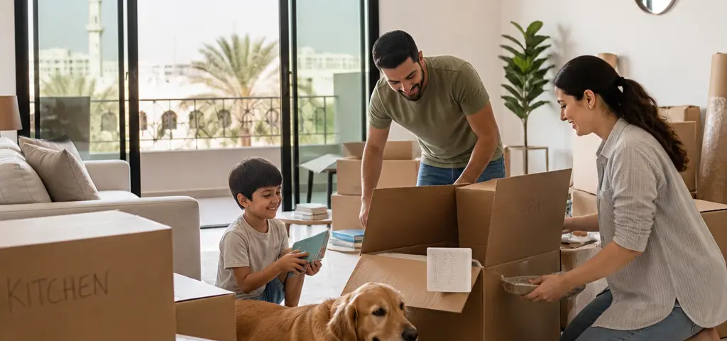 Family With A Dog Unpacking Household Goods In A New Muscat Home