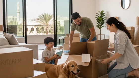 Family With A Dog Unpacking Household Goods In A New Muscat Home