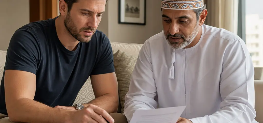 Expat Tenant And Landlord Reviewing A Lease Contract In Muscat