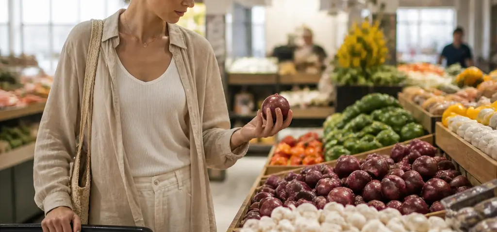 Expat Choosing Groceries And Household Essentials In A Modern Muscat Supermarket