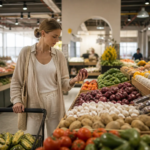 Expat Choosing Groceries And Household Essentials In A Modern Muscat Supermarket
