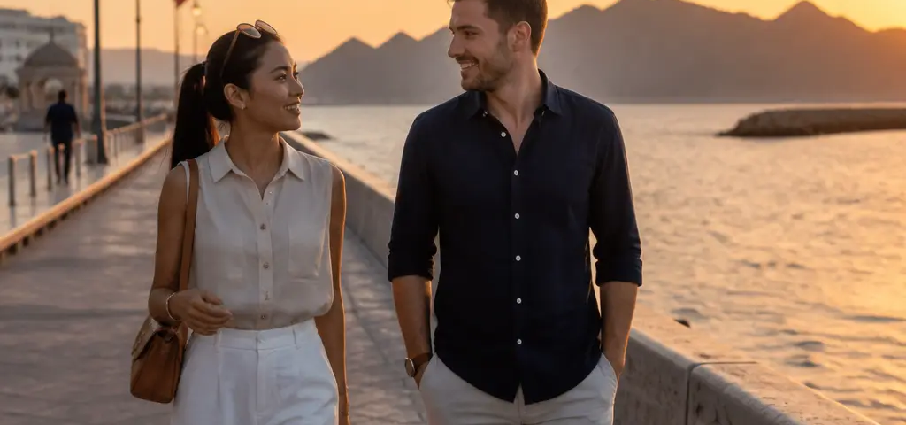 Expats Walking Along The Muscat Coast On A Warm Winter Evening