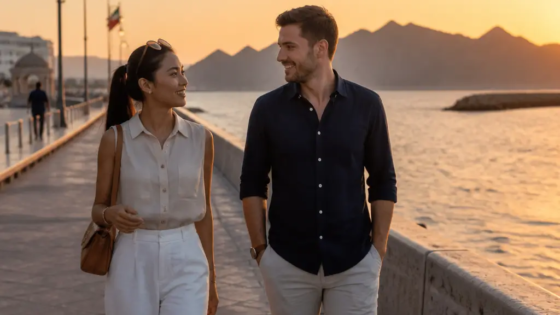 Expats Walking Along The Muscat Coast On A Warm Winter Evening