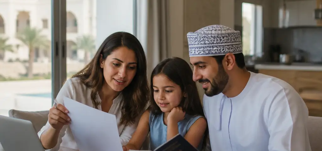 Expat Family Reviewing Residency Documents At Home In Muscat