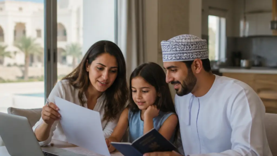Expat Family Reviewing Residency Documents At Home In Muscat