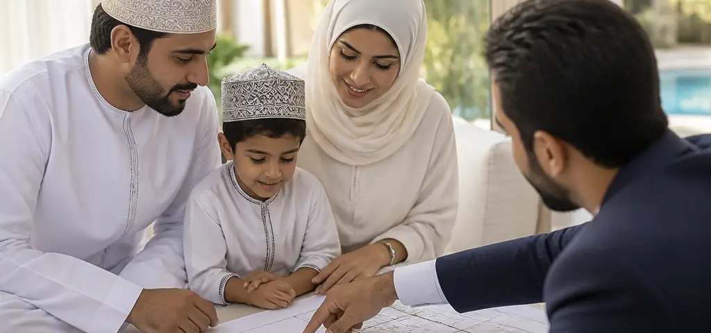Family Reviewing A Villa Floor Plan Before Buying Property In Oman