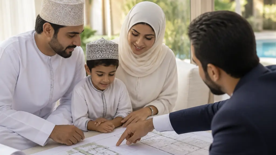Family Reviewing A Villa Floor Plan Before Buying Property In Oman