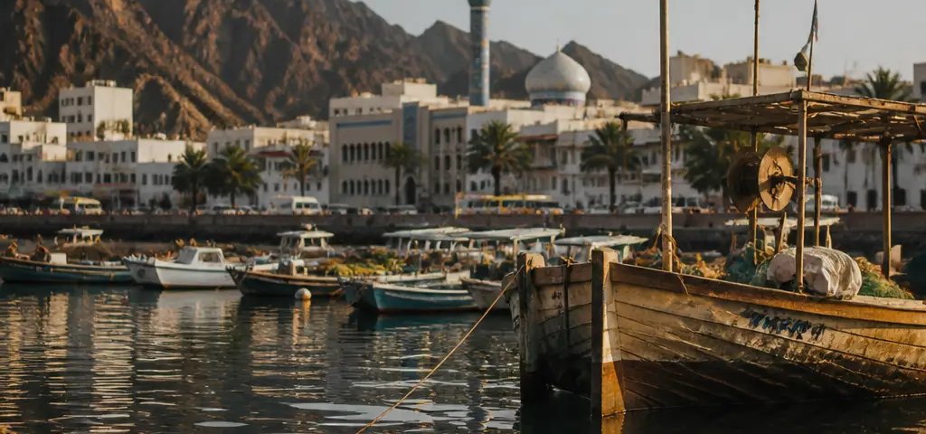 Coastal Waterfront And Traditional Boats In Sur, Oman
