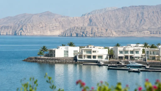 Aerial View Of A Muscat Waterfront Community With Marina, Villas And Mountains