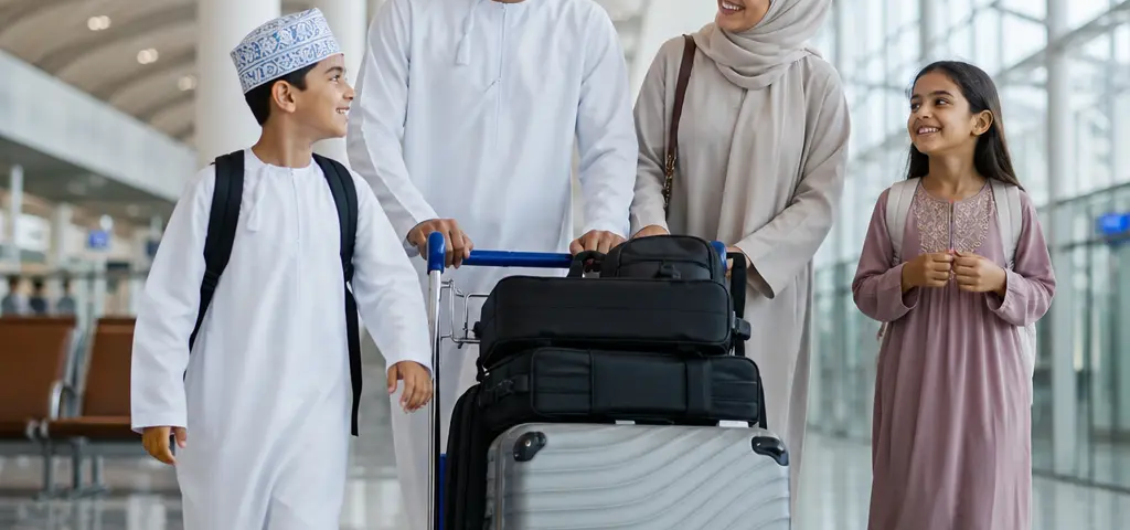 Resident Family Preparing For Departure At Muscat Airport