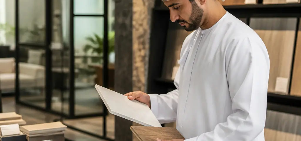 Buyer Reviewing Material Samples And Finish Specifications In An Oman New-Build Home