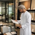 Buyer Reviewing Material Samples And Finish Specifications In An Oman New-Build Home