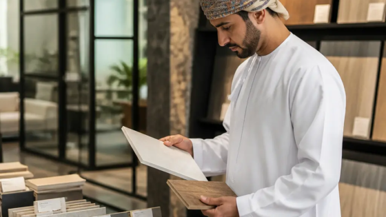 Buyer Reviewing Material Samples And Finish Specifications In An Oman New-Build Home