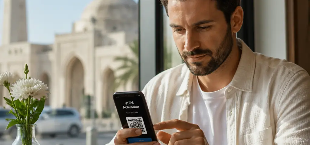 New Resident Activating An Esim On A Smartphone In Muscat